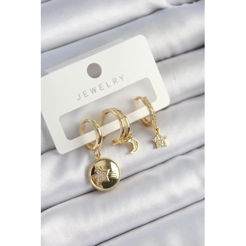 BFS Pirinç Zirkon Taşlı Yıldız Ve Ay Model Gold Renk 3lü Çift Kadın Küpe Set