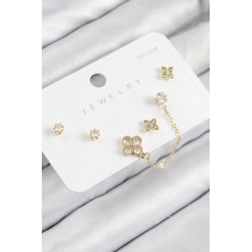 BFS Pirinç Zirkon Taşlı Yonca Model Gold Renk 925 Ayar Gümüş Çivi Kadın Küpe Set