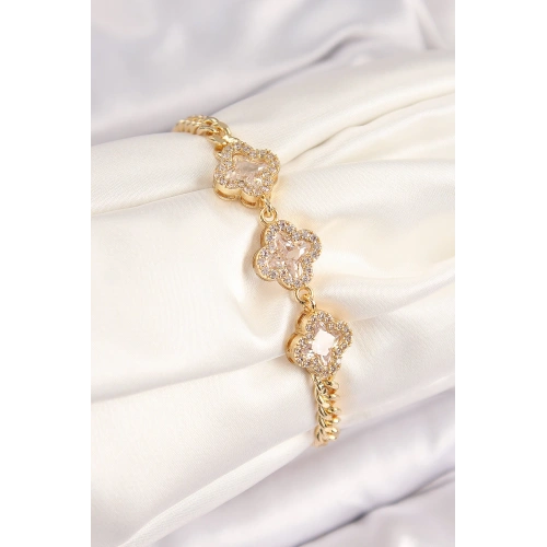 BFS Pirinç Zirkon Taşlı Yonca Model Gold Renk Kadın Bileklik