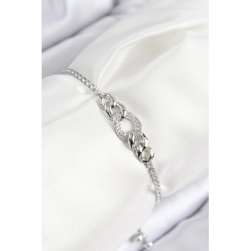 BFS Pirinç Zirkon Taşlı Zincir Model Gümüş Renk Asansörlü Kadın Bileklik