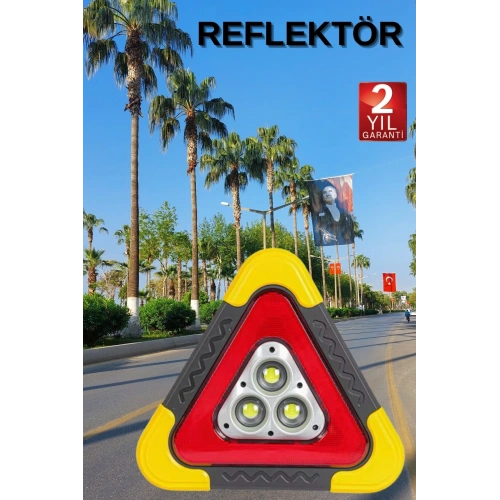 BFS Reflektör Güneş Panelli Solarlı Şarjlı Üçgen Işıklı Trafik Reflektör Fener