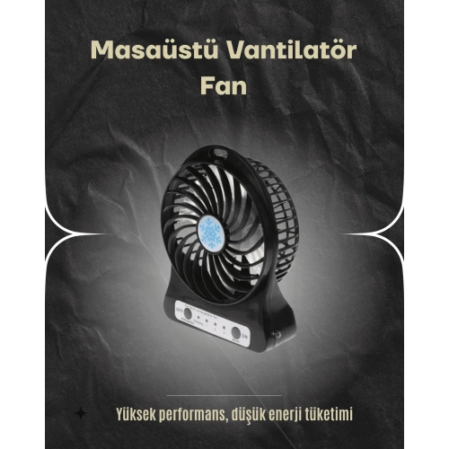 BFS Şarjlı USB Fan – Masaüstü Mini Vantilatör, Taşınabilir, Işıklı, 3 Kademeli, Sessiz