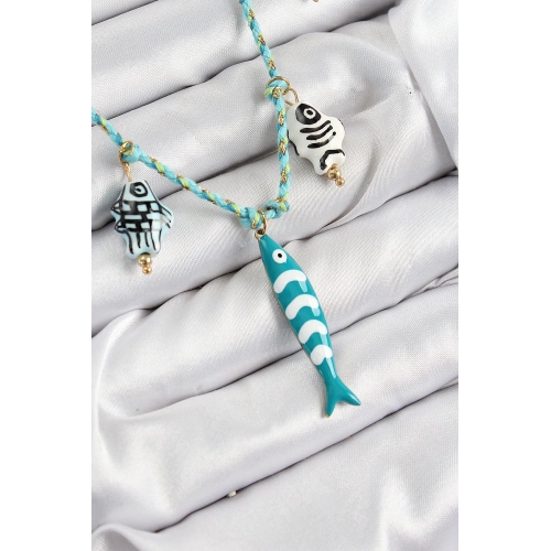 BFS Seramik Motifli Balık Figürlü Model Mavi İp Kadın Kolye