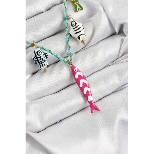 BFS Seramik Motifli Pembe Balık Figürlü Model Mavi İp Kadın Kolye