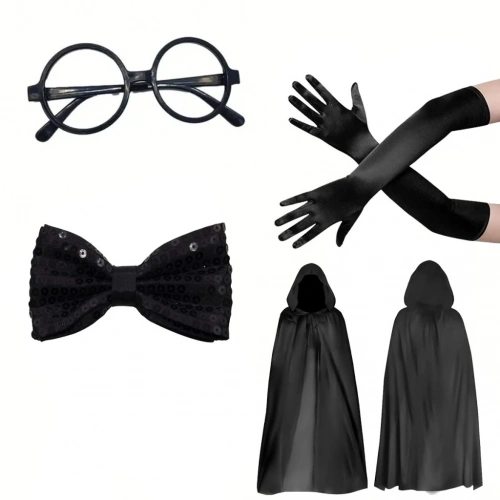 BFS Siyah Kapüşonlu Büyücü ve Cadı Pelerin Kostüm Seti (4 Parça)