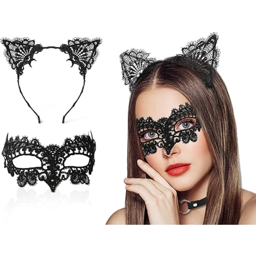 BFS   Siyah Renk Dantel Maske ve Dantel Kulak Taç Seti Yetişkin No 10