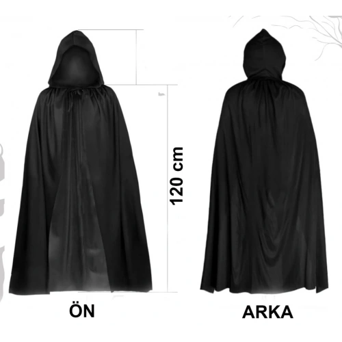 BFS  Siyah Uzun Pelerin 120 cm Kapüşonlu – Cosplay ve Parti Kostümü