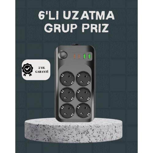 BFS Termal Akım Korumalı 6’lı Uzatma Priz USB Type-C Hızlı Şarj 2500W