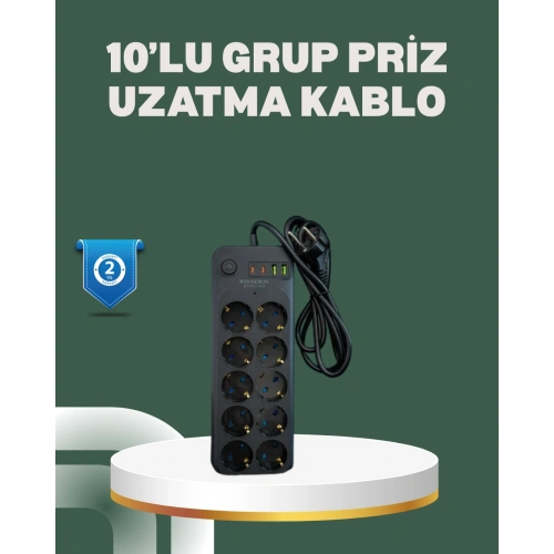 BFS Termal Koruma Sistemli USB Type-C 10’lu Grup Priz 2m 2500W Güç Kapasiteli