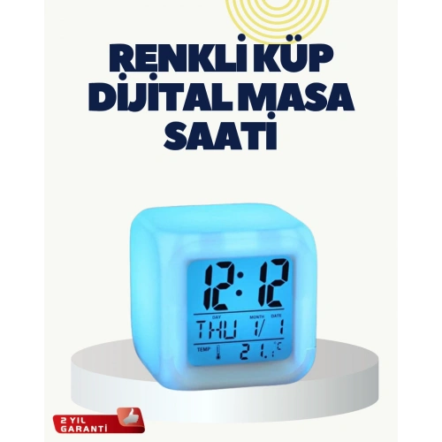 BFS Termometre ve Takvim Özellikli 7 Renk Değiştiren Küp Alarm Saati