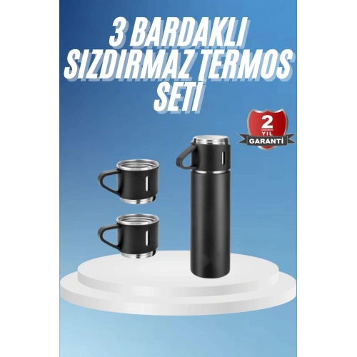 BFS Termos Paslanmaz Çelik Termos Siyah Renk 3 Bardaklı Termos Seti