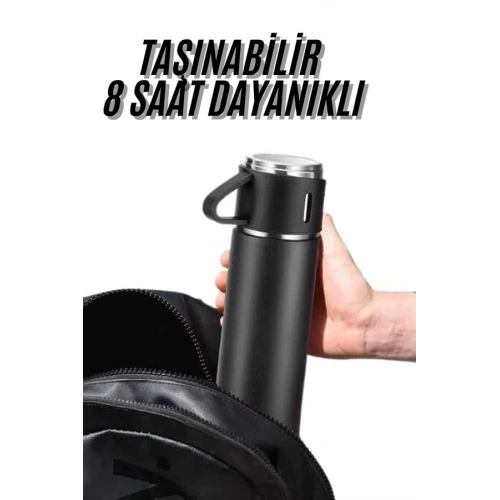 BFS Termos Seti 3lü Bardak Seti Isı Dayanıklı Siyah Paslanmaz Çelik Vakumlu