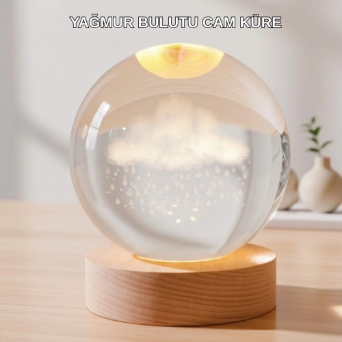 BFS USB Bağlantılı 3D Kristal Yağmur Bulutu Lamba Ahşap Tabanlı Dekoratif Aydınlatma