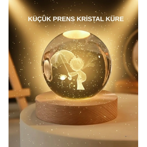 BFS USB LED 3D Küçük Prens Kristal Küre Ahşap Standlı Gece Lambası