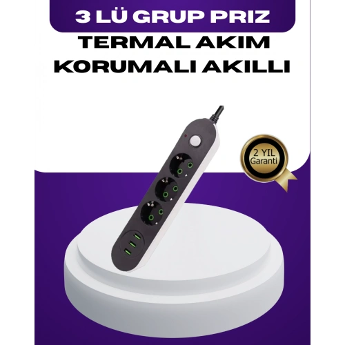 BFS USB Yuvalı Anahtarlı Üçlü Priz 2 Metre Kablolu