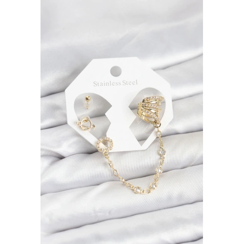 BFS Uzay Model Pirinç Gold Renk Zincir Bağlantılı Ear Cuff Küpe Seti
