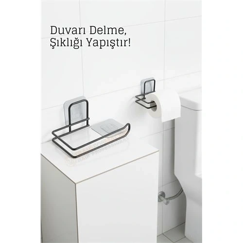 BFS Yapışkanlı Tuvalet Kağıdı Tutucu – Siyah Metal 14 x 7,5 cm