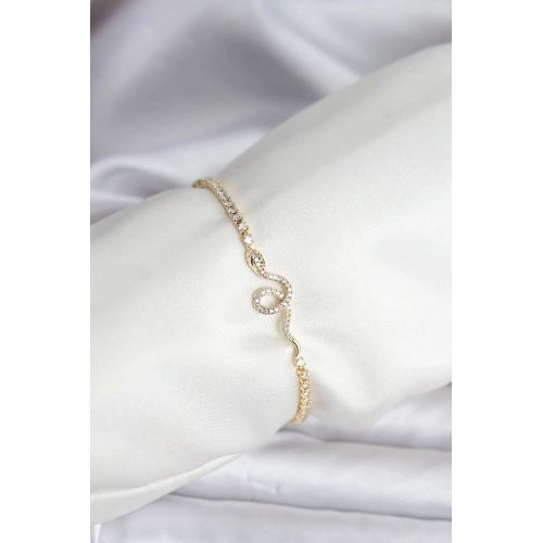 BFS Yılan Model Zirkon Taşlı Gold Renk Pirinç Su Yolu Kadın Bileklik