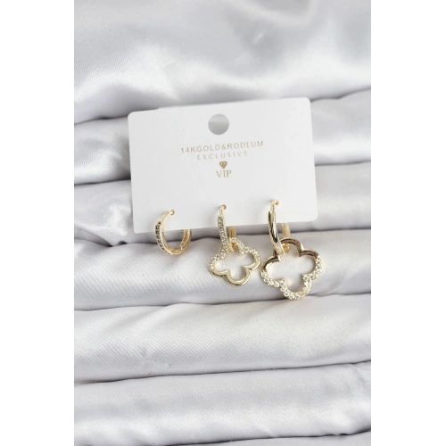 BFS Yonca Model Gold Renk Pirinç 3lü Kadın Küpe Seti