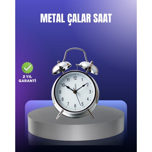 BFS Yuvarlak Gümüş Dekoratif Işıklı Masa Üstü Saat Alarmlı Sessiz Çalışma