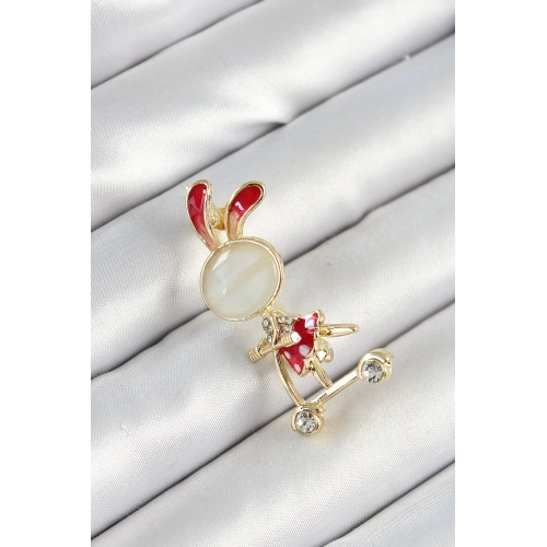 BFS Zirkon Taş Detaylı Kırmızı 3D Scooter Süren Tavşan Kız Figürlü Gold Renk Kadın Broş