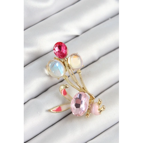 BFS Zirkon Taşlı  Balonlu Pembe Tavşan Figürlü Gold Renk Kadın Broş