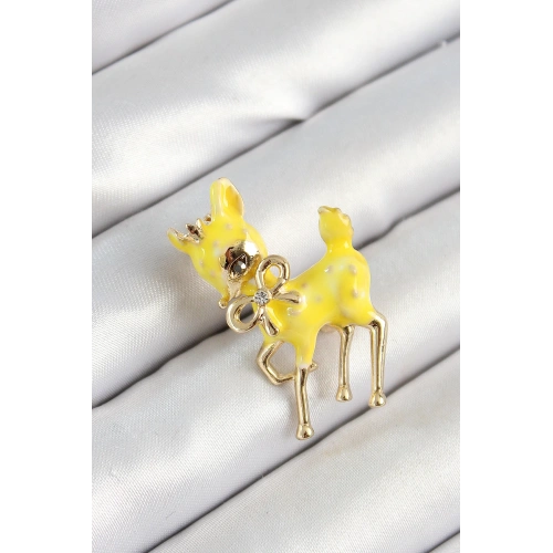 BFS Zirkon Taşlı Fiyonk Detaylı 3D Sarı Ceylan Figürlü Gold Renk Kadın Broş