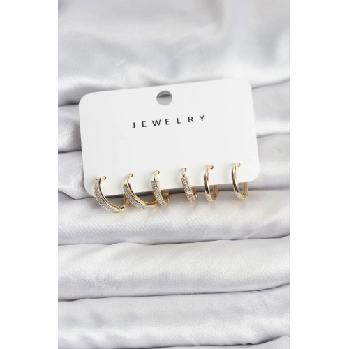 BFS Zirkon Taşlı Gold Renk Pirinç Kadın Küpe Seti