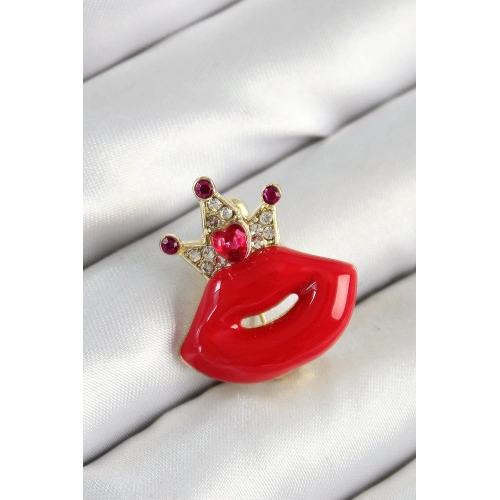 BFS Zirkon Taşlı Kraliçe Taç Detaylı 3D Kırmızı Dudak Figürlü Gold Renk Kadın Broş