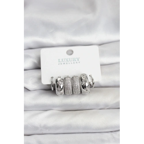 BFS Zirkon Taşlı Pirinç Gümüş Renk Halka Kadın Küpe Seti