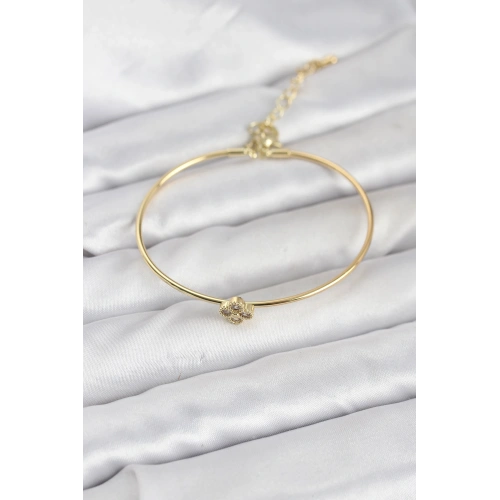 BFS Zirkon Taşlı Yonca Model Gold Renk Kadın Bileklik