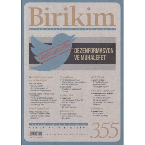 Birikim Aylık Sosyalist Kültür Dergisi Sayı: 355 Kasım 2018