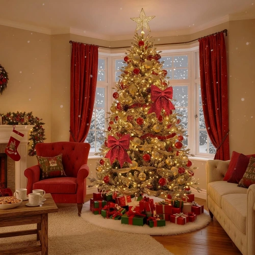 Büyük ve Kaliteli Kırmızı Simli Eva Fiyonk Dekor Yılbaşı Çam Ağacı Duvar Süsü 60 X 65cm