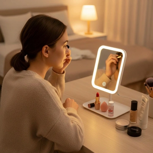 Dokunmatik LED Işıklı Kare Makyaj Aynası – Altı Organizer Kaseli, Ayarlanabilir Aydınlatmalı Masaüstü Makyaj ve Cilt Bakım Aynası