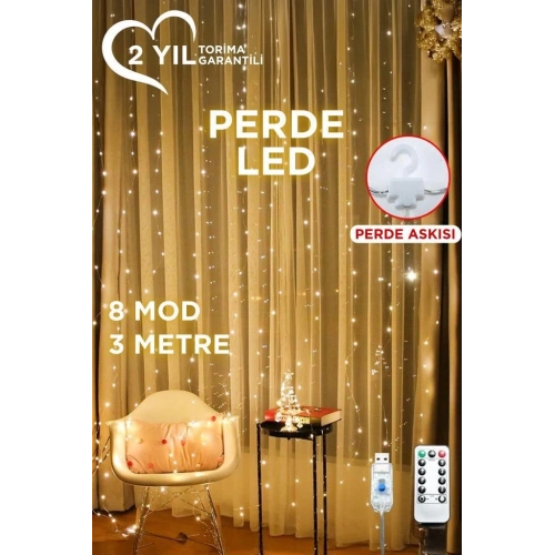 Lw-7 300 Ledli 10 Sarkıt Perde Led Işık, 8 Modlu Uzaktan Kumandalı, 3x3 Metre Peri Telli Led