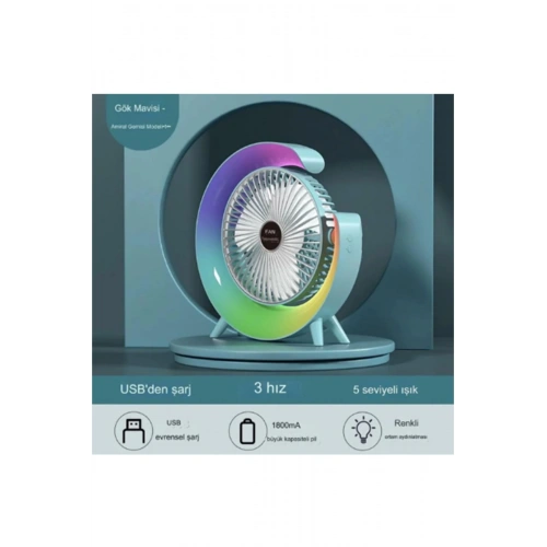 Masaüstü Vantilatör Usb Şarjlı Rgb Led Işıklı 3 Kademeli 180° Ayarlanabilir Soğutucu Fan Mavi
