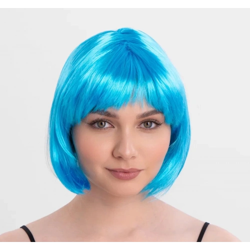 Turkuaz Açık Mavi Renk Düz Kesim Kısa Küt Parti Peruğu