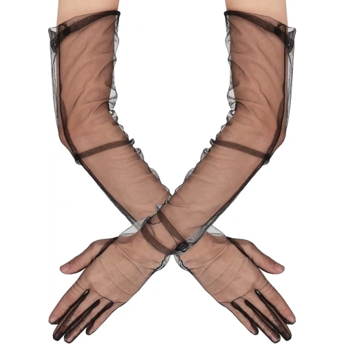 Uzun Boy Likralı Siyah Renk Yetişkin Mega Tül Eldiven 53 Cm