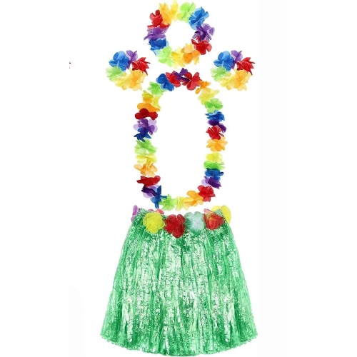 Yetişkin Ve Çocuk Uyumlu Luau Aloha Hawaii Yeşil Etek Ve Renkli Kolye Taç 2 Adet Bileklik Seti
