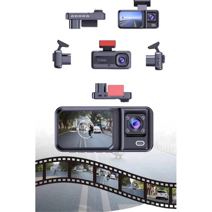 1080P 3 Lensli WİFİ Araç İçi Kameralı Ekran DVR Kaydedici Gece Görüşlü