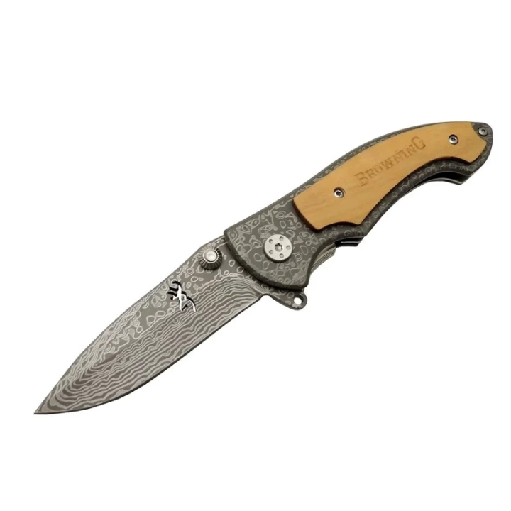 2-31 Damascus Kamp Çakı 19,5cm - Yarı Otomatik, Kemerlikli, Ahşap Metal Sap