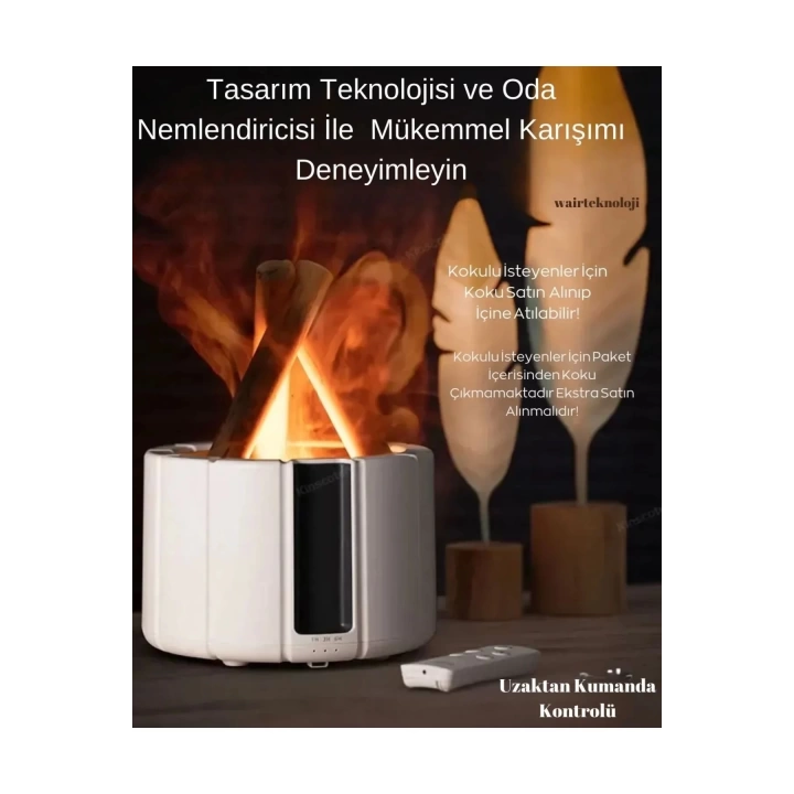 250 Ml Alev Görüntülü Bonfire Oda Nemlendirici Şık Tasarım Uzaktan Kumanda Kontrollü Beyaz