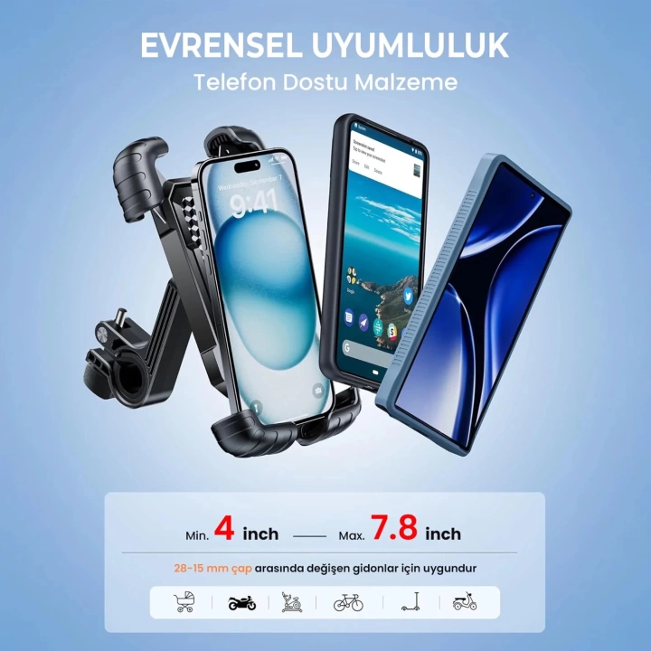 360° Derece Ayarlanabilen Gidon Bağlantılı Bisiklet Motosiklet İçin Abs 4-7.8″ İnç Telefon Tutucu