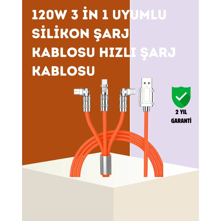 3’ü 1 Arada Kablo – 120W Hızlı Şarj ve Veri Aktarımı Özellikli