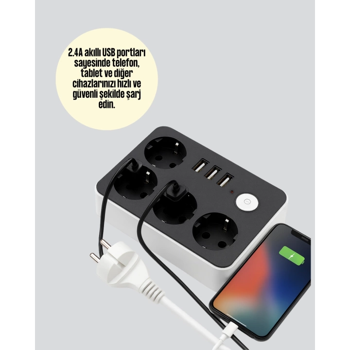 4.1A Hızlı Şarjlı Akım Korumalı 4 Priz ve 3 USB Çıkışlı Priz