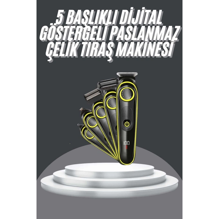 5 Başlıklı Şarjlı Tıraş Makinesi Led Ekran Saç Sakal Ense Tıraşına Uygun Bakım Seti
