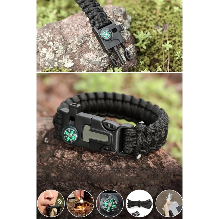 5i 1 Arada Çok Fonksiyonlu Hayatta Kalma Bilekliği Pusula, Düdük, Çakmak Taşı ve Şemsiye İpi Bileklik