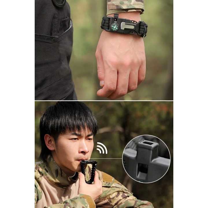 5i 1 Arada Çok Fonksiyonlu Hayatta Kalma Bilekliği Pusula, Düdük, Çakmak Taşı ve Şemsiye İpi Bileklik