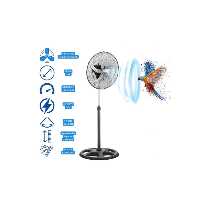 5 Metal Kanatlı Soğutucu Vantilatör Pervane 3 Kademe Hız Kontrol 18’’inch - 80w