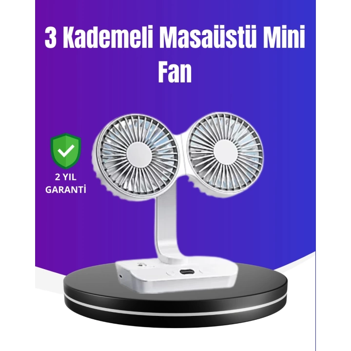 720° Döner Çift Taraflı Masaüstü Vantilatör – USB Şarjlı Sessiz Fan